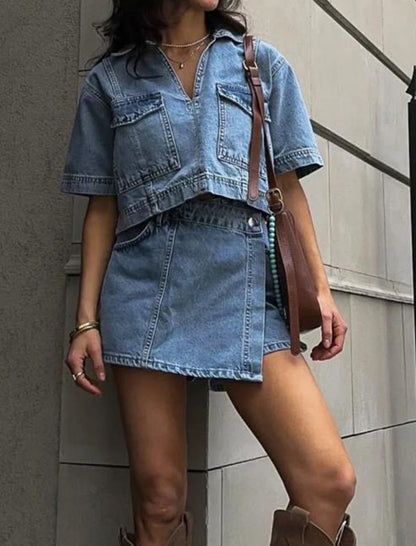 V-Neck Short Sleeve Top and Skirt Denim Set