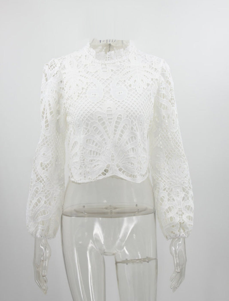 Lace Cut Out Zip-Up Long Sleeve Blouse