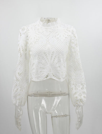 Lace Cut Out Zip-Up Long Sleeve Blouse