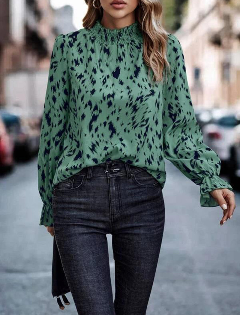 Animal Print High-Neck Blouse