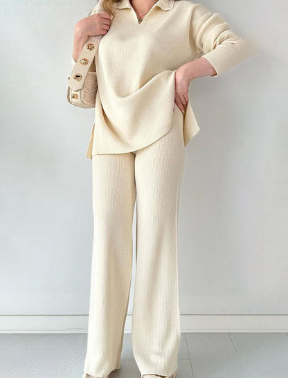 Ribbed Knit Lapel Sweater and Pants Set