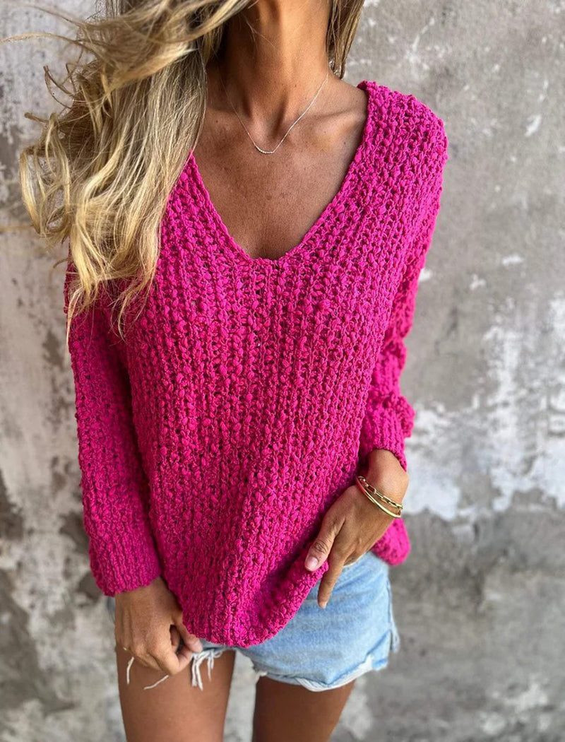 Knit V-Neck Relaxed Long Sleeve Sweater