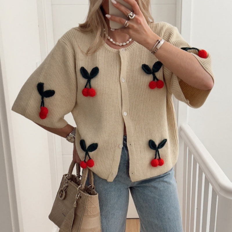 Cherry Applique Button-Front Cardigan