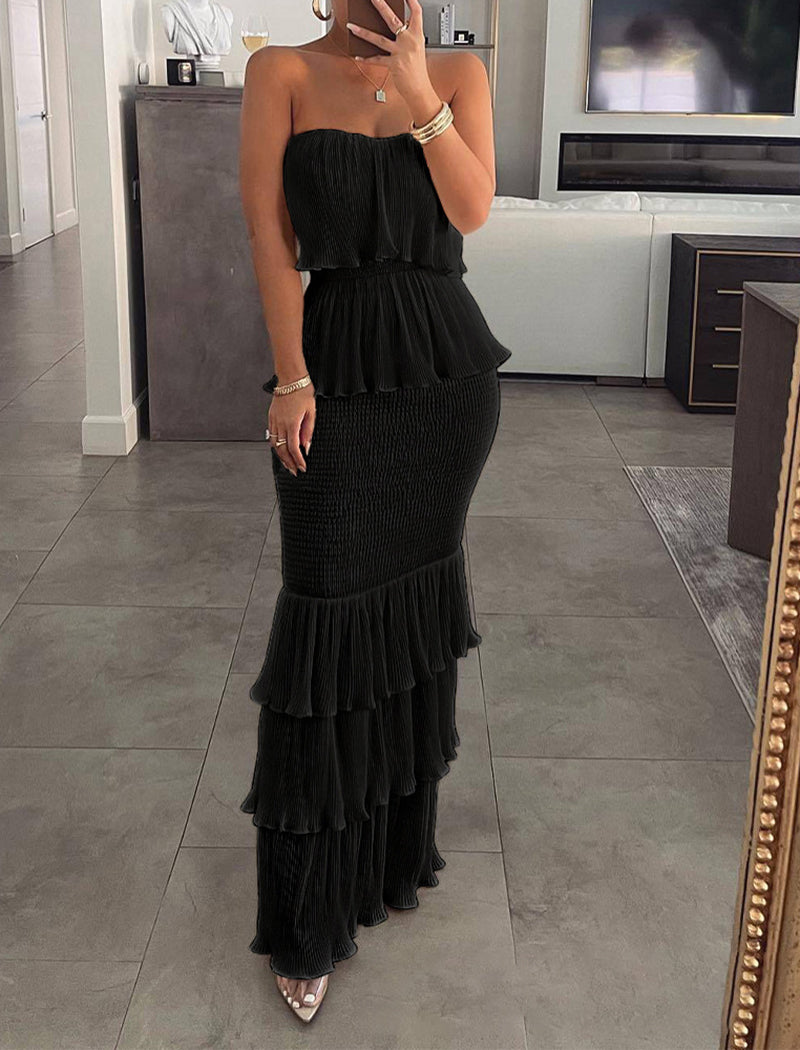 Strapless Pleated Ruffle Maxi Dress