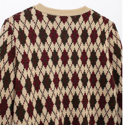 Button-Up Knit Cardigan with Diamond Pattern
