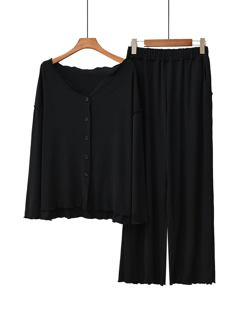 Long Sleeve Ruffle Trim Cardigan and Pants Loungewear Set