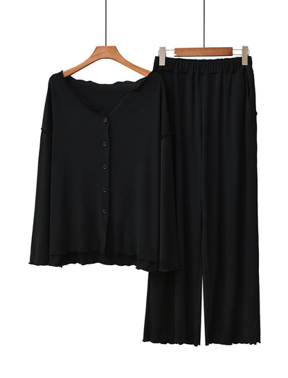 Long Sleeve Ruffle Trim Cardigan and Pants Loungewear Set