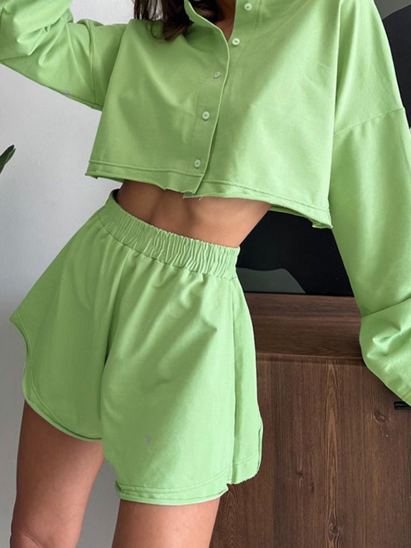 Cropped Button-Up Shirt and Flared Shorts Set