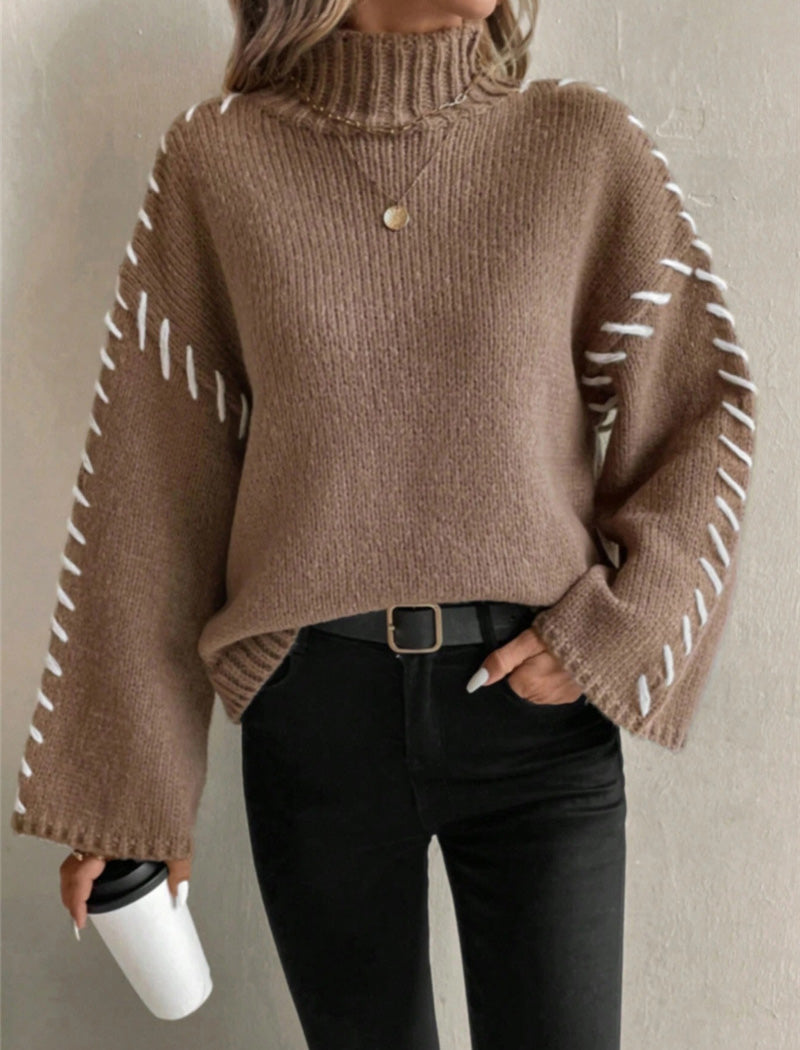 High Neck Sweater with Stitch Accents