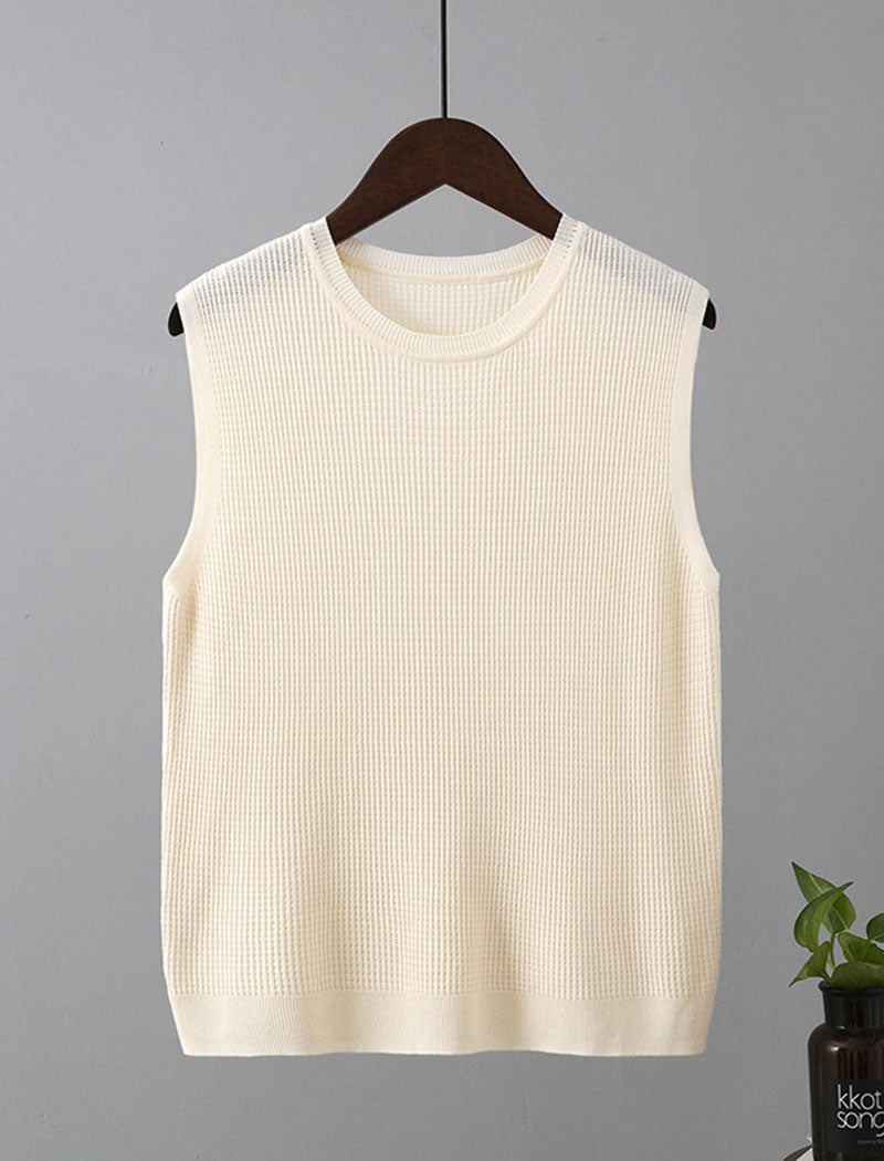 Sleeveless Wide-Shoulder Knit Crewneck Top