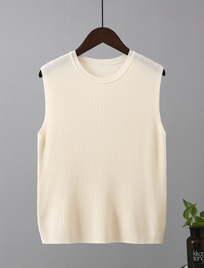 Sleeveless Wide-Shoulder Knit Crewneck Top