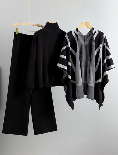 Knit Top and Cape and Wide-Leg Pants Three-Piece Set