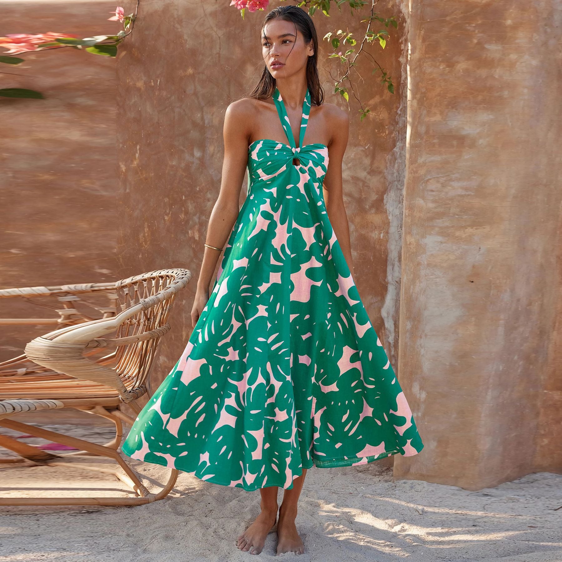 Halter Tropical Print A-Line Dress