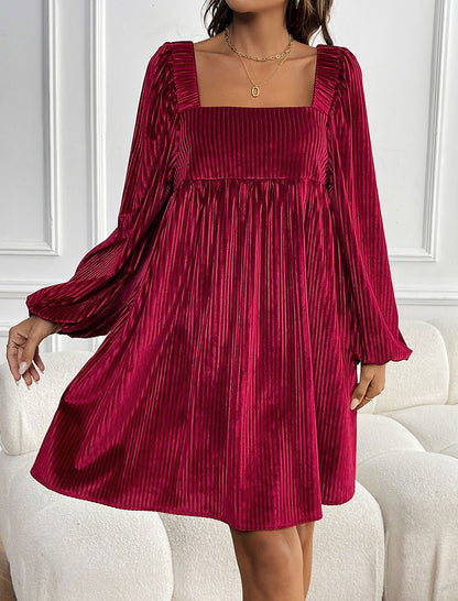 Square-Neck Pleated Mini Dress with Balloon Sleeves