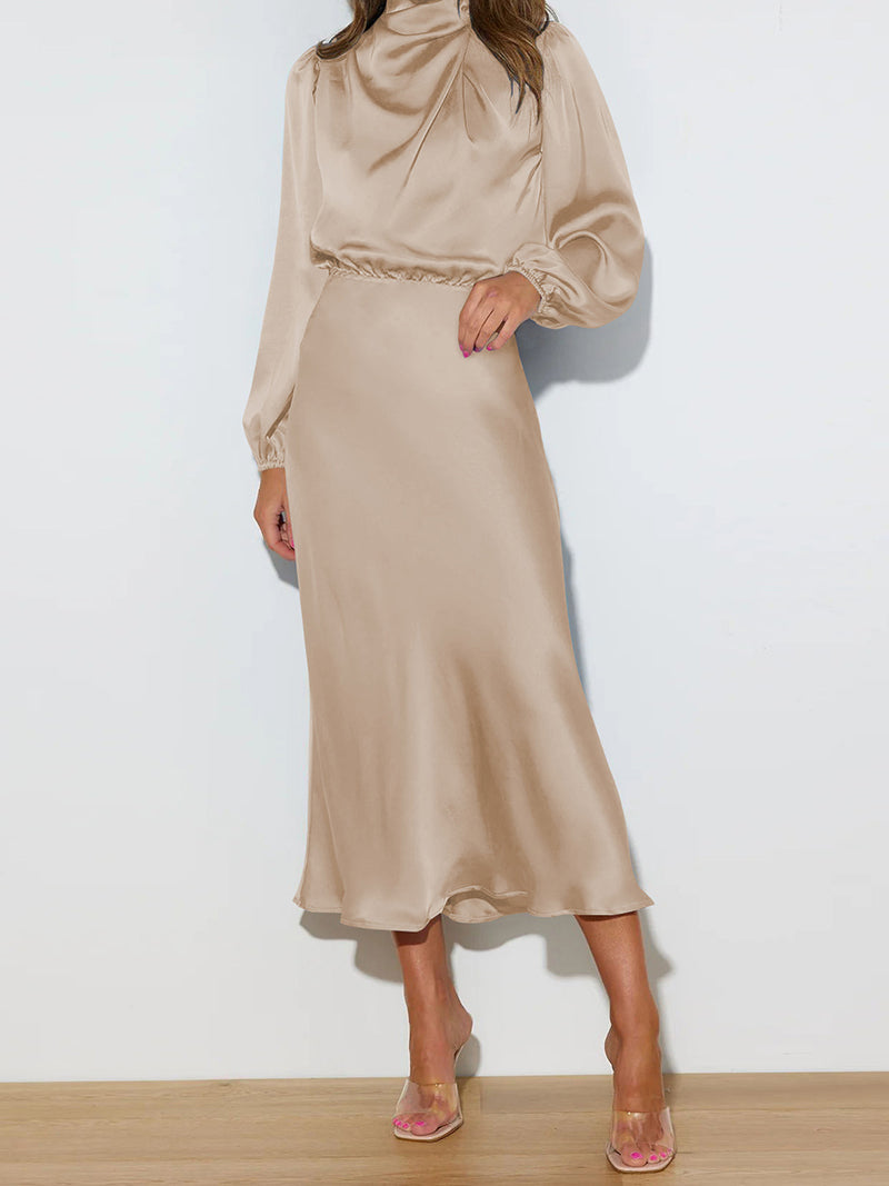 High-Neck Long-Sleeve Midi Dress