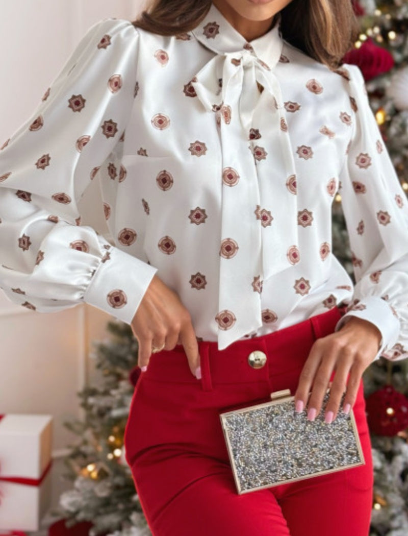Printed Long Sleeve Bow Shirt