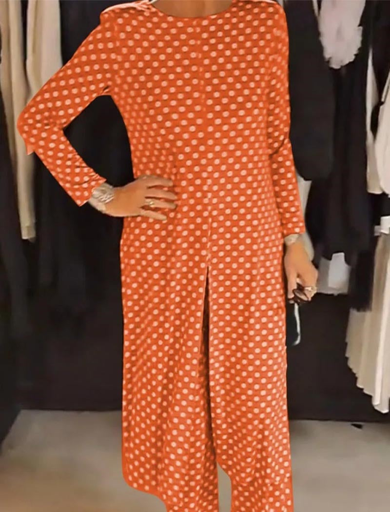 Crewneck Long Sleeve Split Polka Dot Pants Set