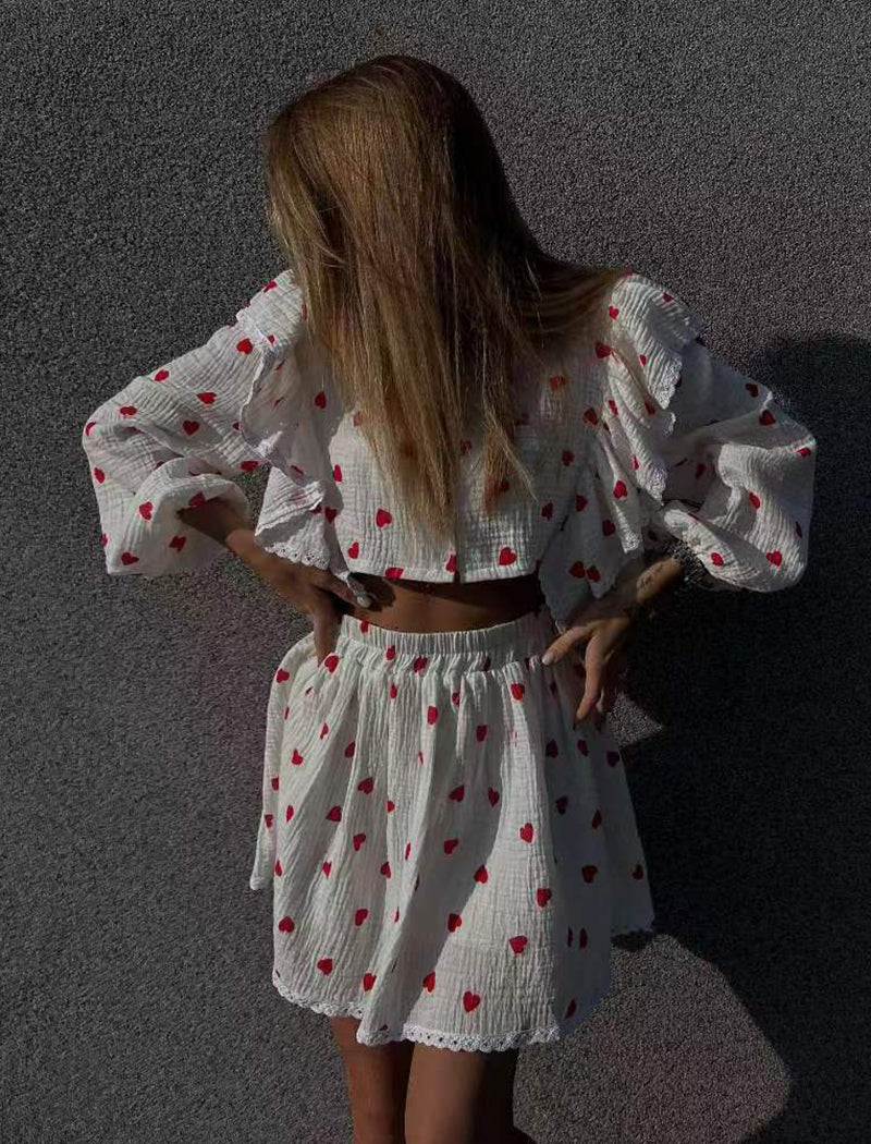 Ruffle Strawberry Print Top and Skirt Set