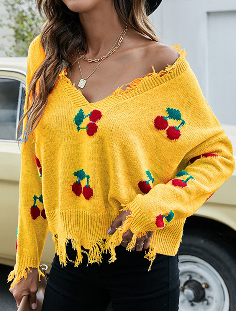 Loose V-Neck Fringed Knit Sweater