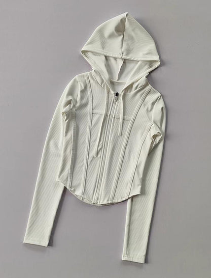 Fitted Ribbed Zip-Up Hoodie Top