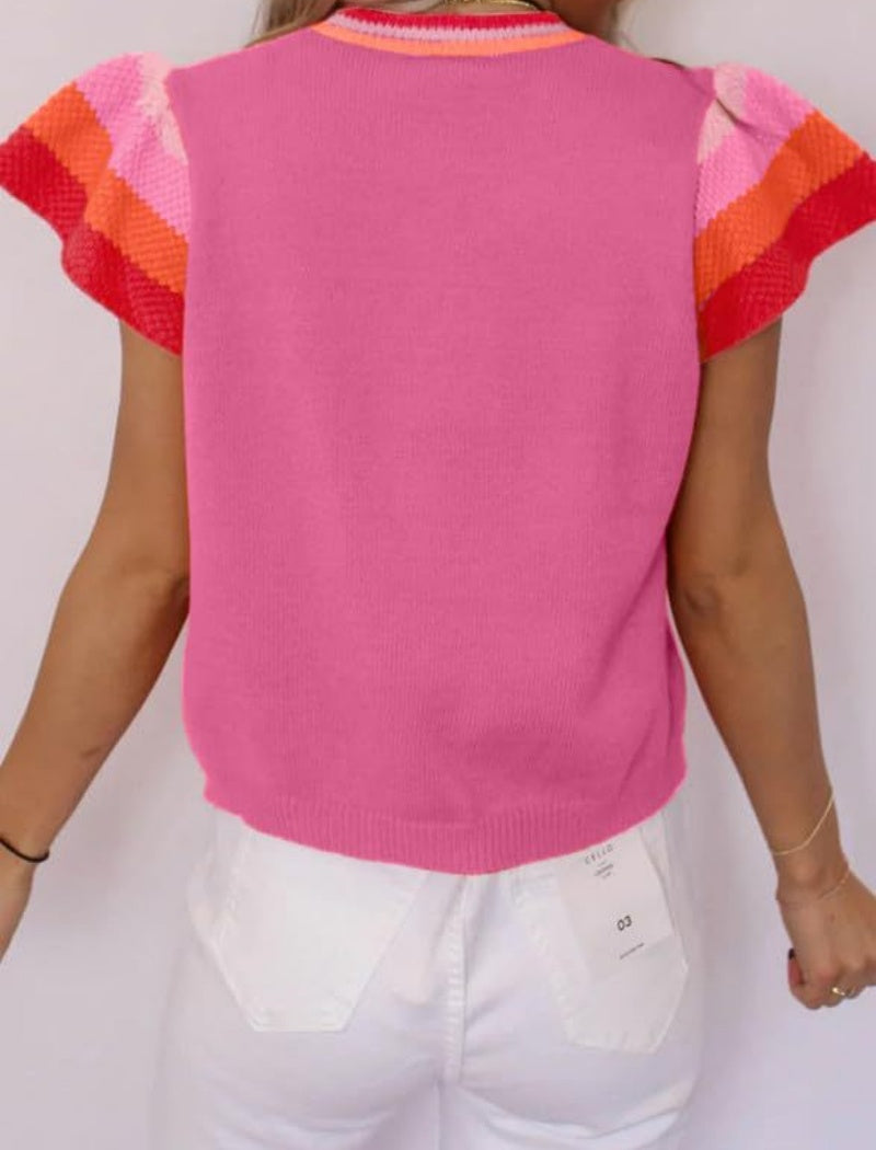 Crew Neck Colorblock Short Sleeve Knit Sweater