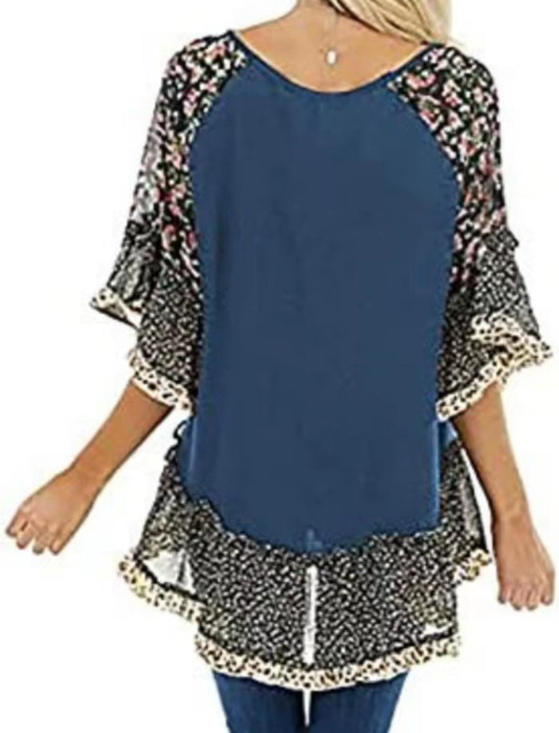 Batwing Sleeve Patchwork Leopard Tee