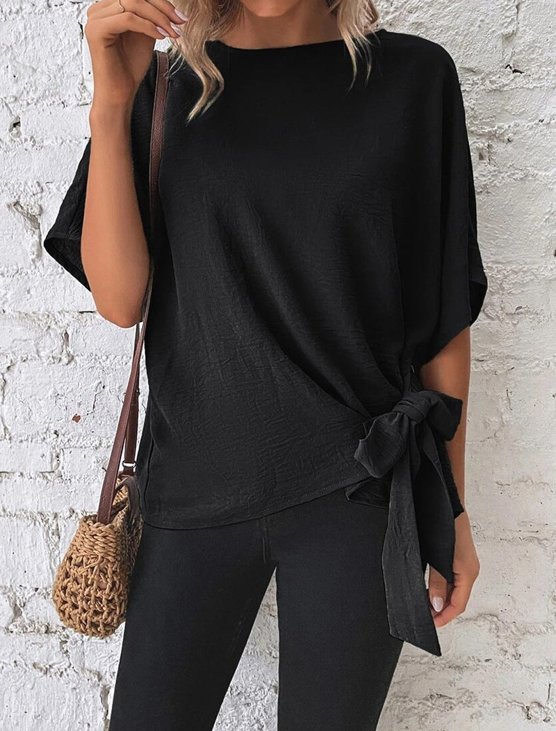 Solid Batwing Sleeve Knot Hem Loose Top