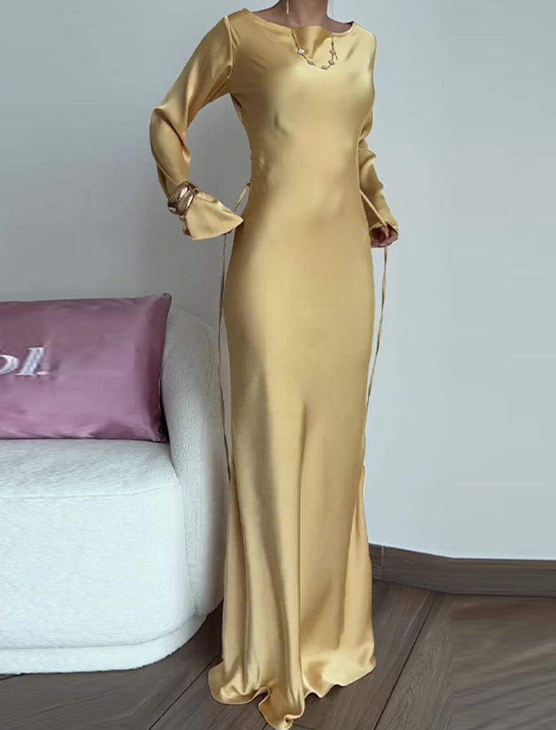 Bell-Sleeve Satin Maxi Dress