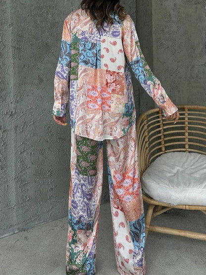 Paisley Button-Up Shirt and Wide-Leg Pants Set