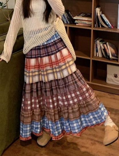 Layered Plaid Patchwork Skirt