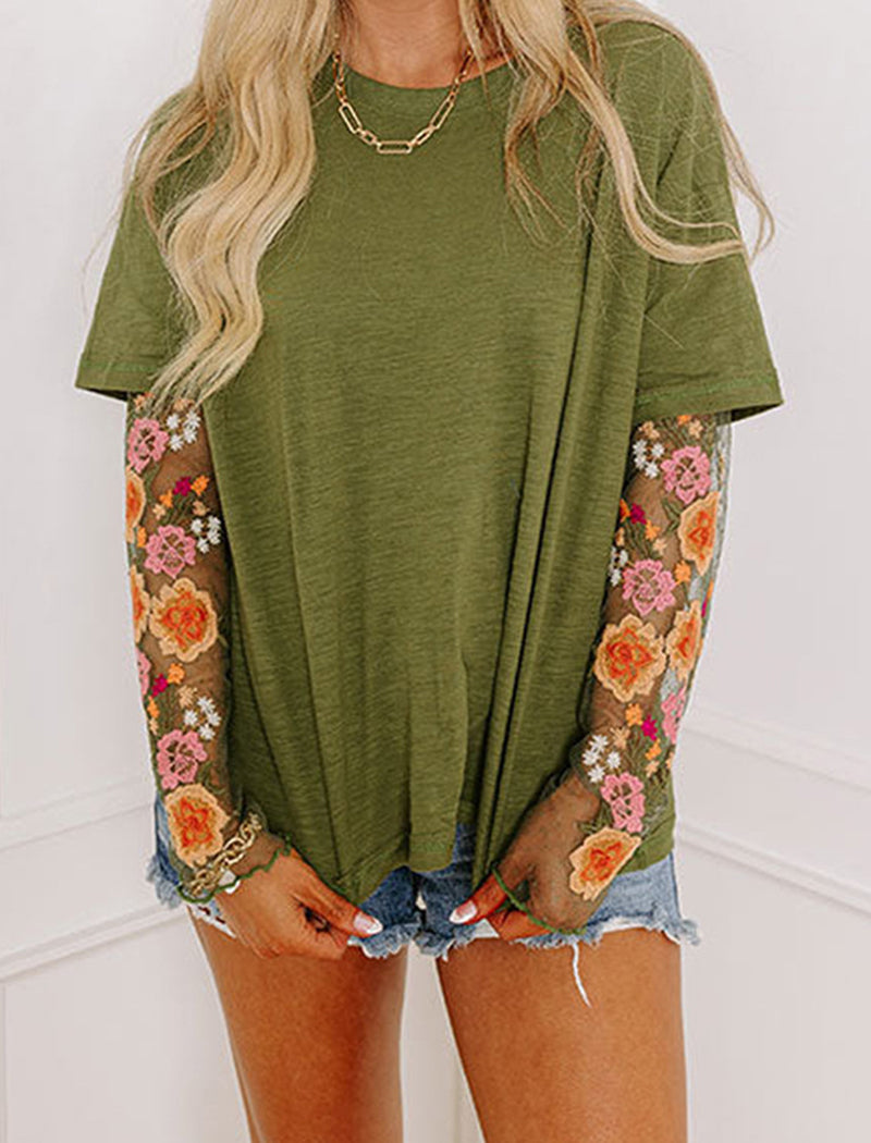 Oversized Tee with Sheer Lace Sleeves