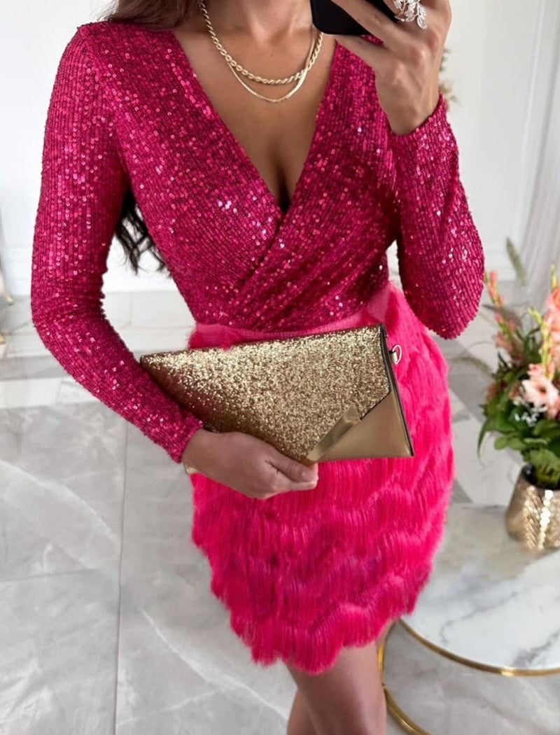 Sequined Wrap Layered Mini Dress