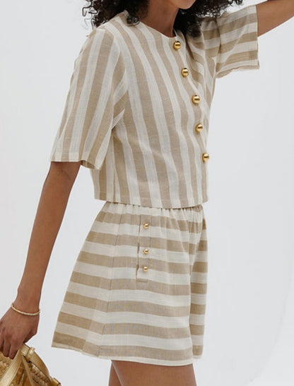 Striped Buttoned Short Sleeve Top and Shorts Set