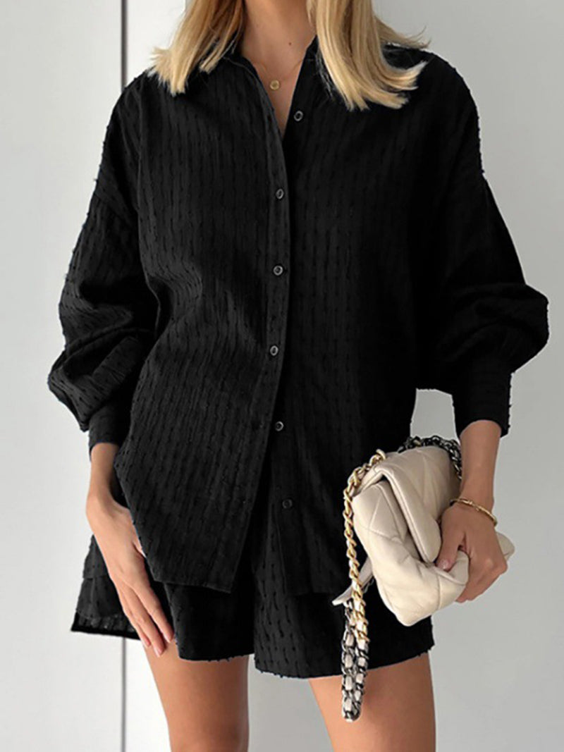 Solid Button-Up Shirt and Shorts Set