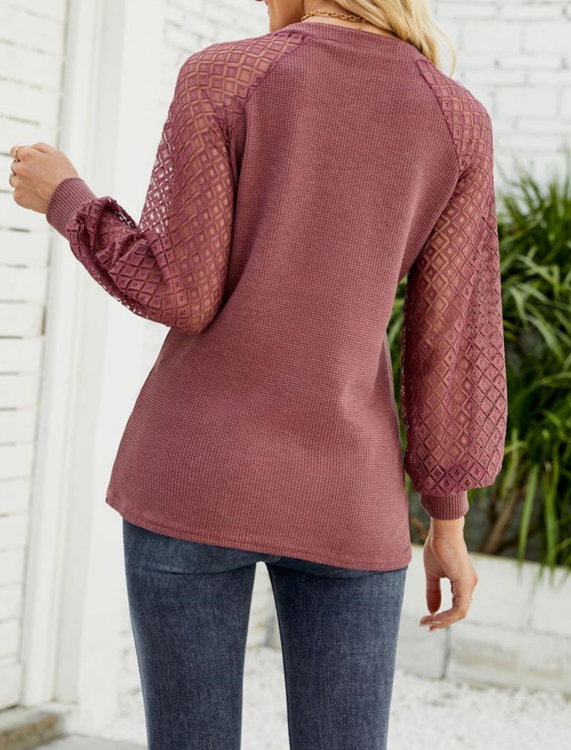 Waffle Knit Lace Patchwork V-Neck Top