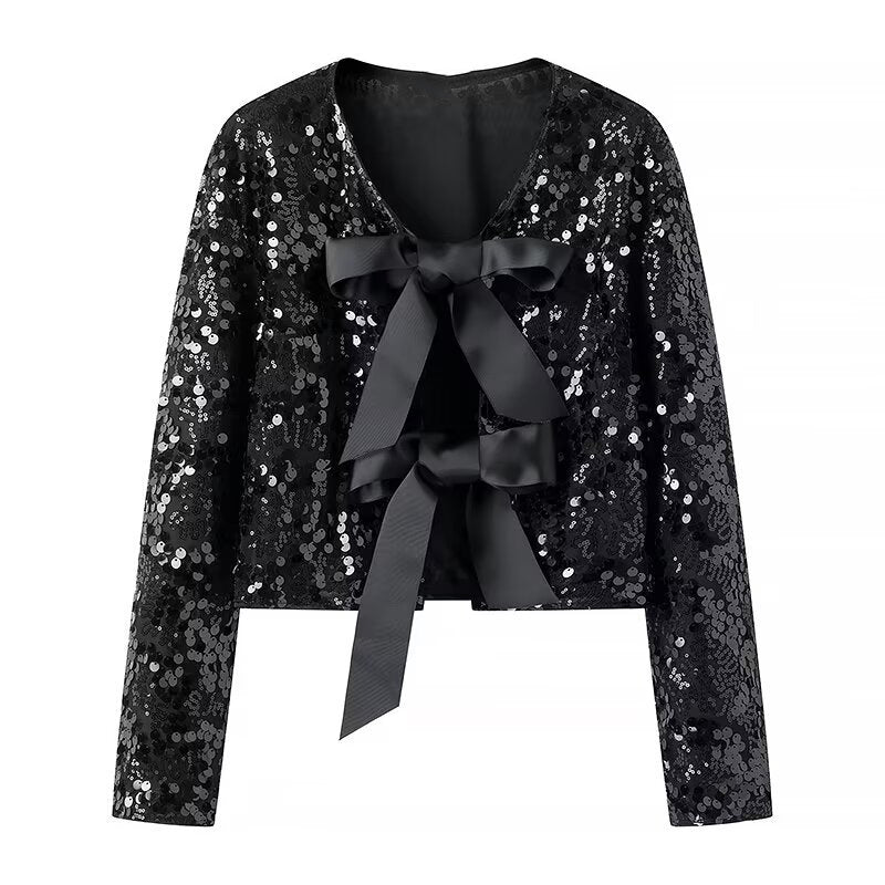 Sequin Bow-Tie Cropped Jacket