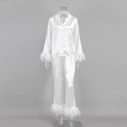 Feather Trim Satin Pajama Set