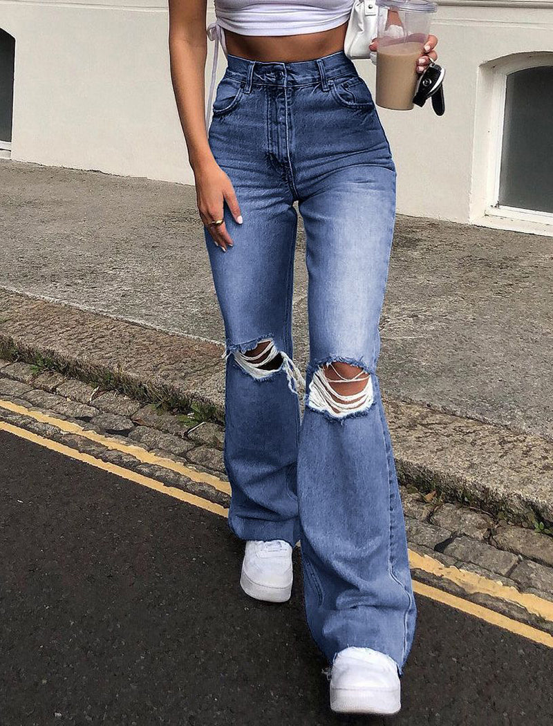 Distressed Wide-Leg Flared Denim Pants