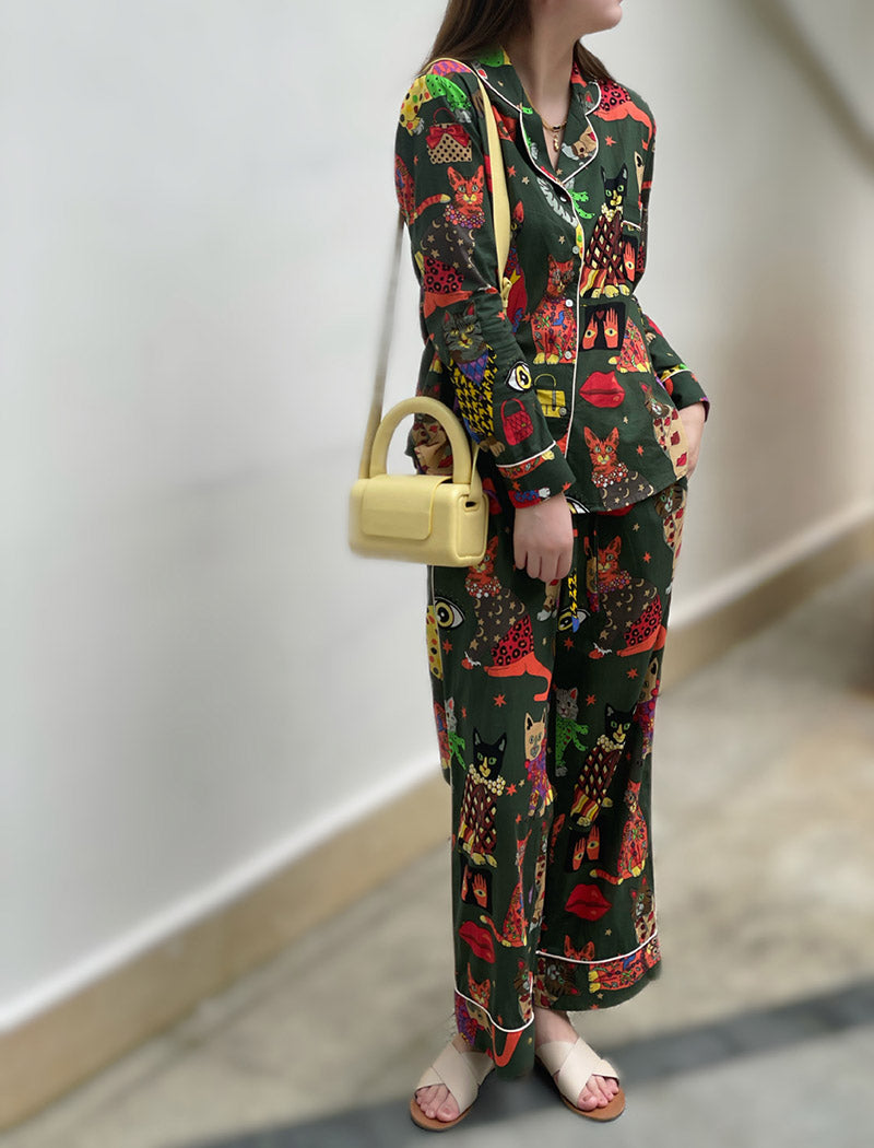 Cat Print Long-Sleeve Pajama Set