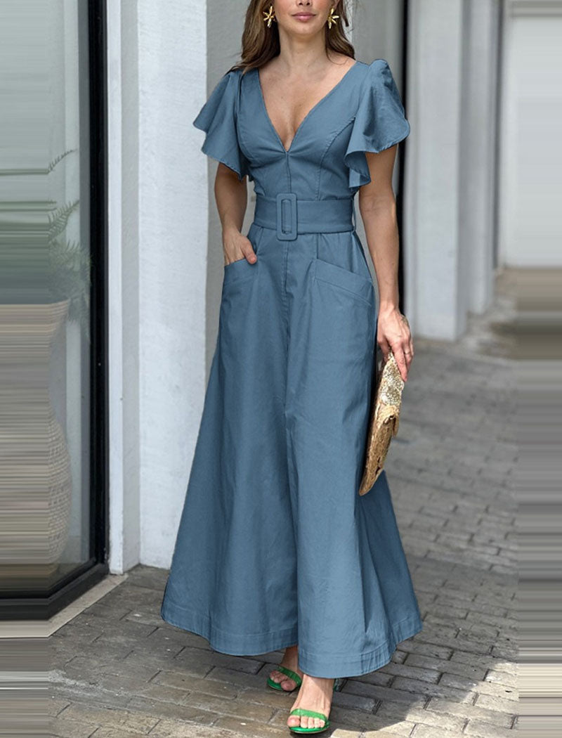 Ruffled Sleeve Belted Maxi Dress