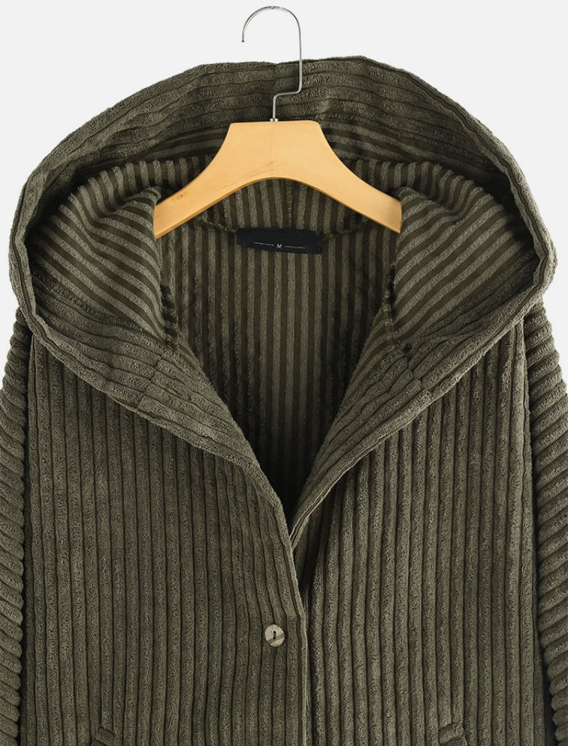 Button-Front Hooded Corduroy Jacket