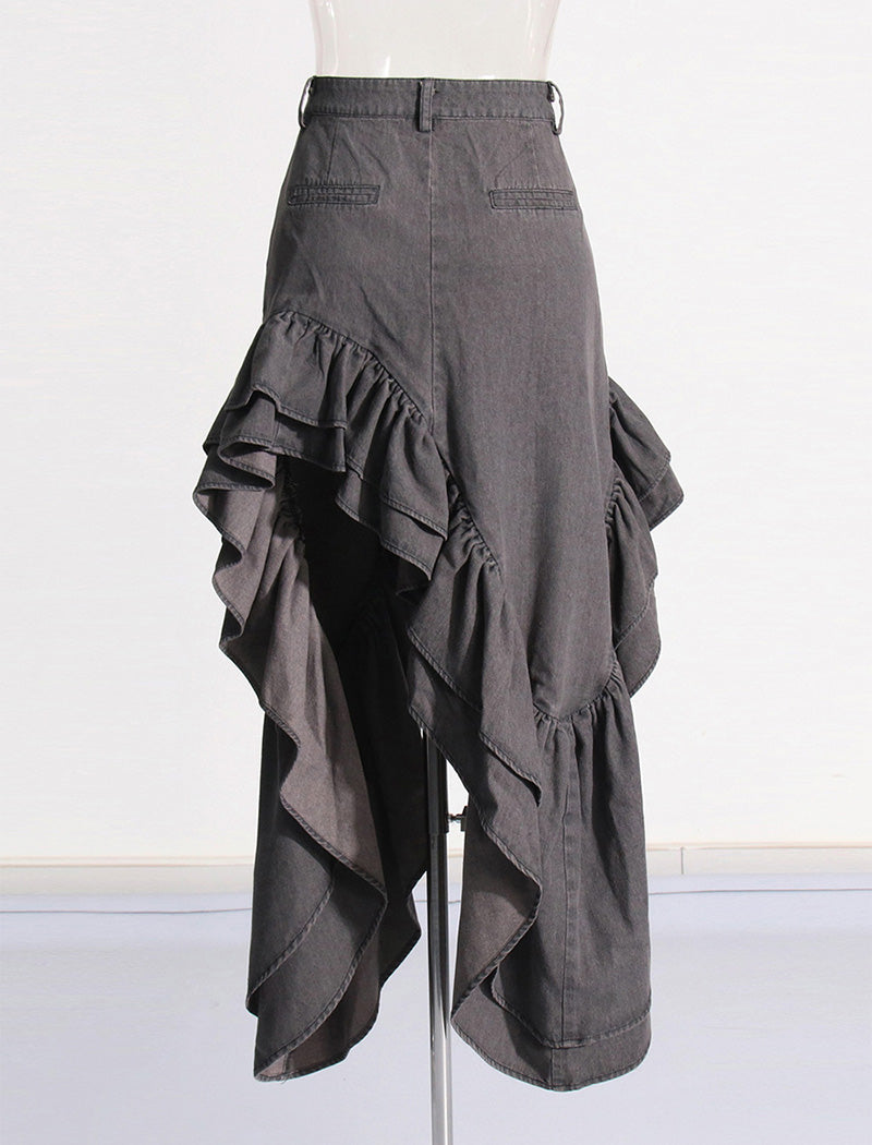 Asymmetrical Ruffle Split-Hem Maxi Skirt