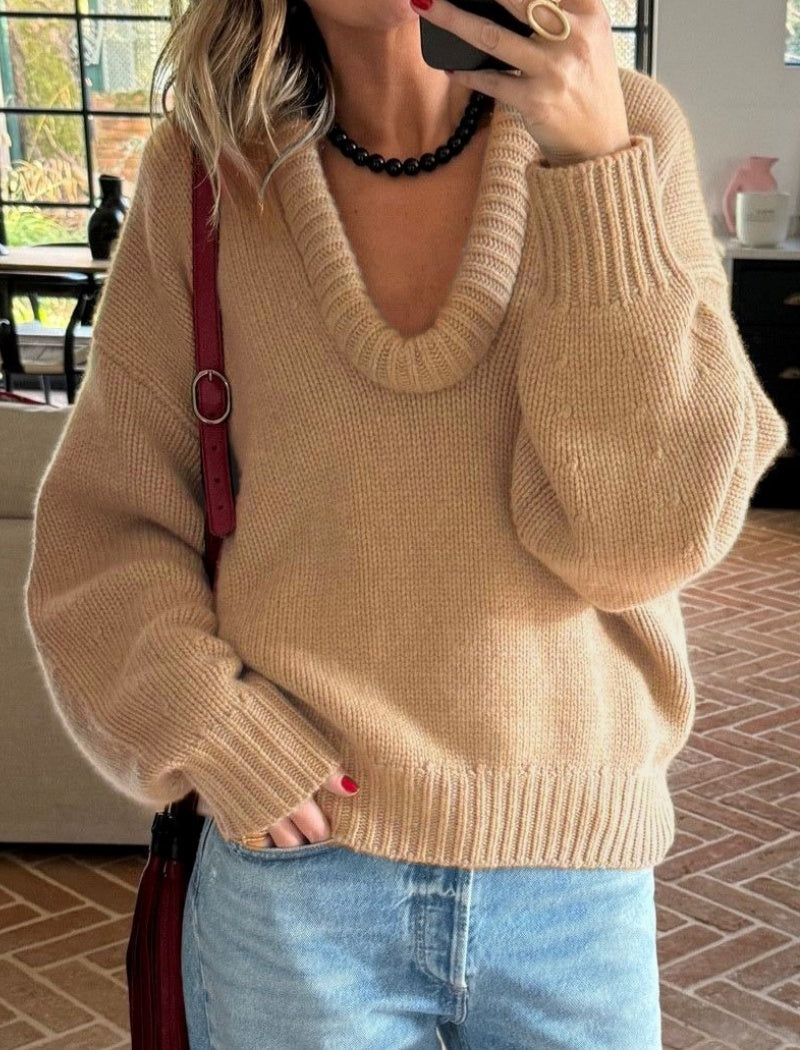 Deep V-Neck Ribbed Knit Top