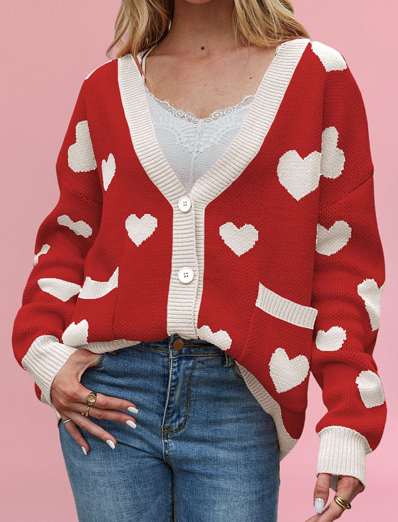 Button-Up Cardigan with Heart Accents