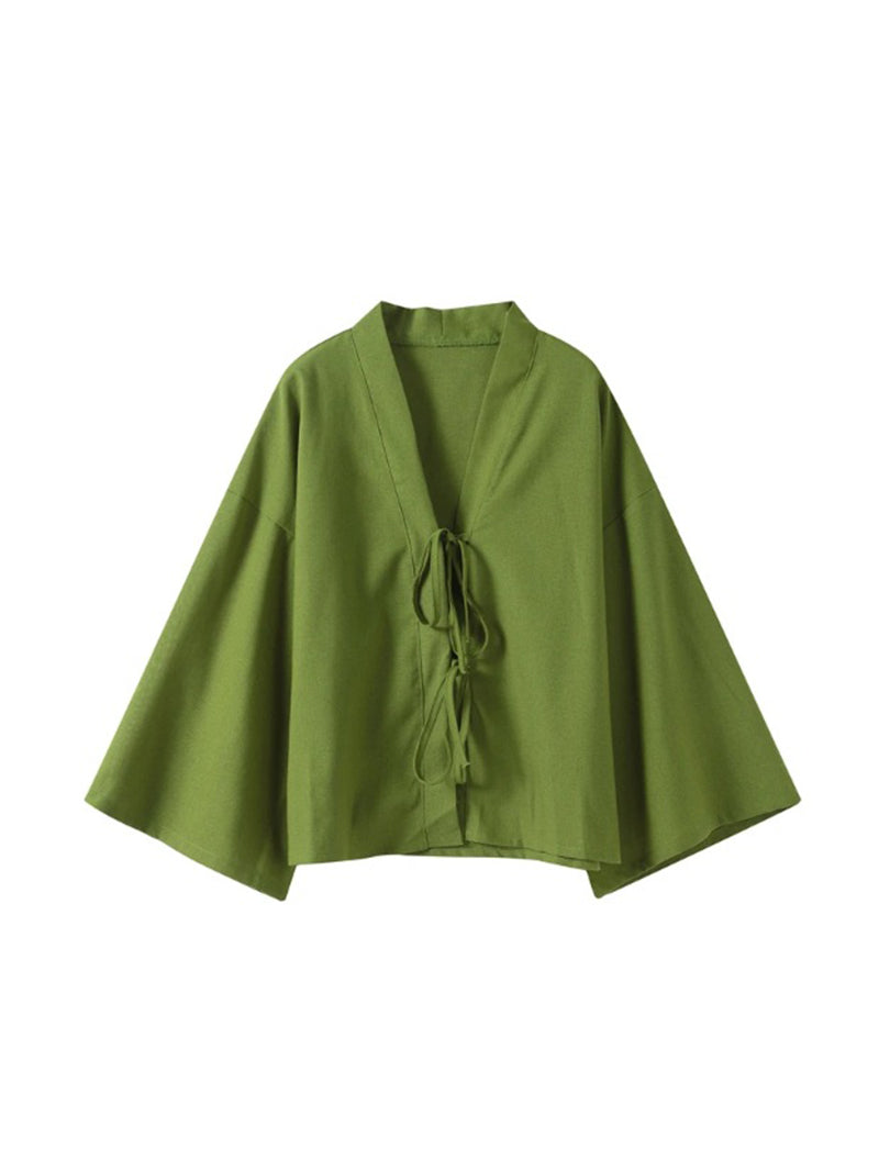 Solid Tie-Front Blouse and Pants Set