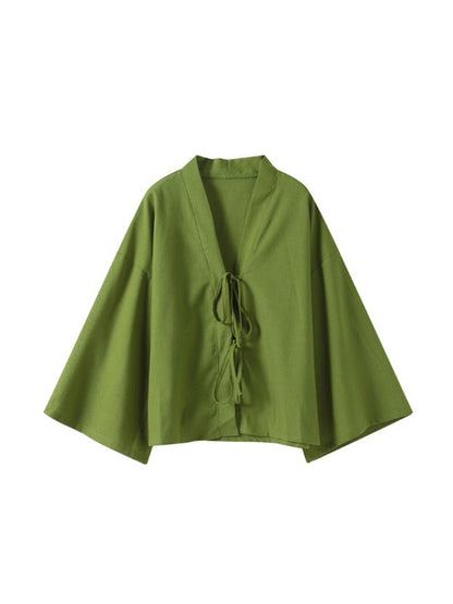 Solid Tie-Front Blouse and Pants Set