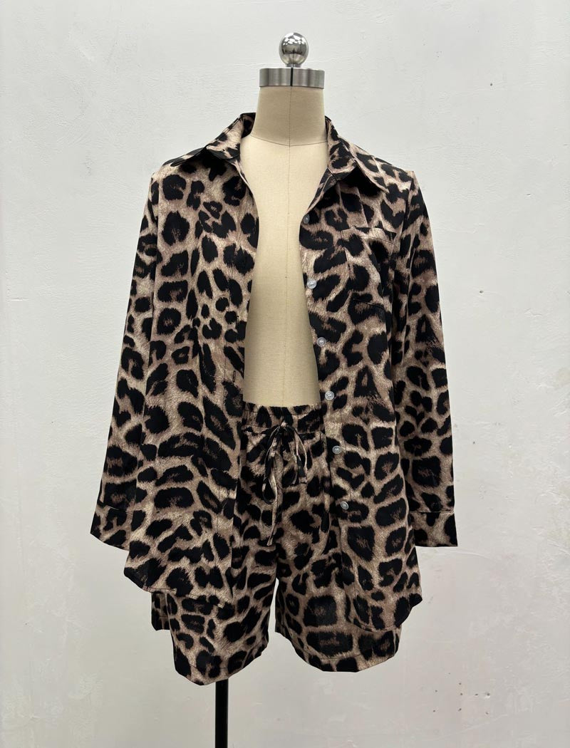 Leopard Print Tie-Front Top and Shorts Set