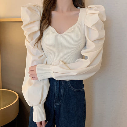 Puff Sleeve Square Neck Knit Top