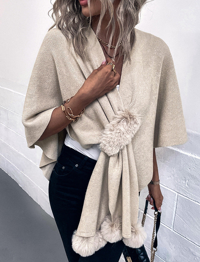 Pom-Pom Trimmed Wrap Poncho