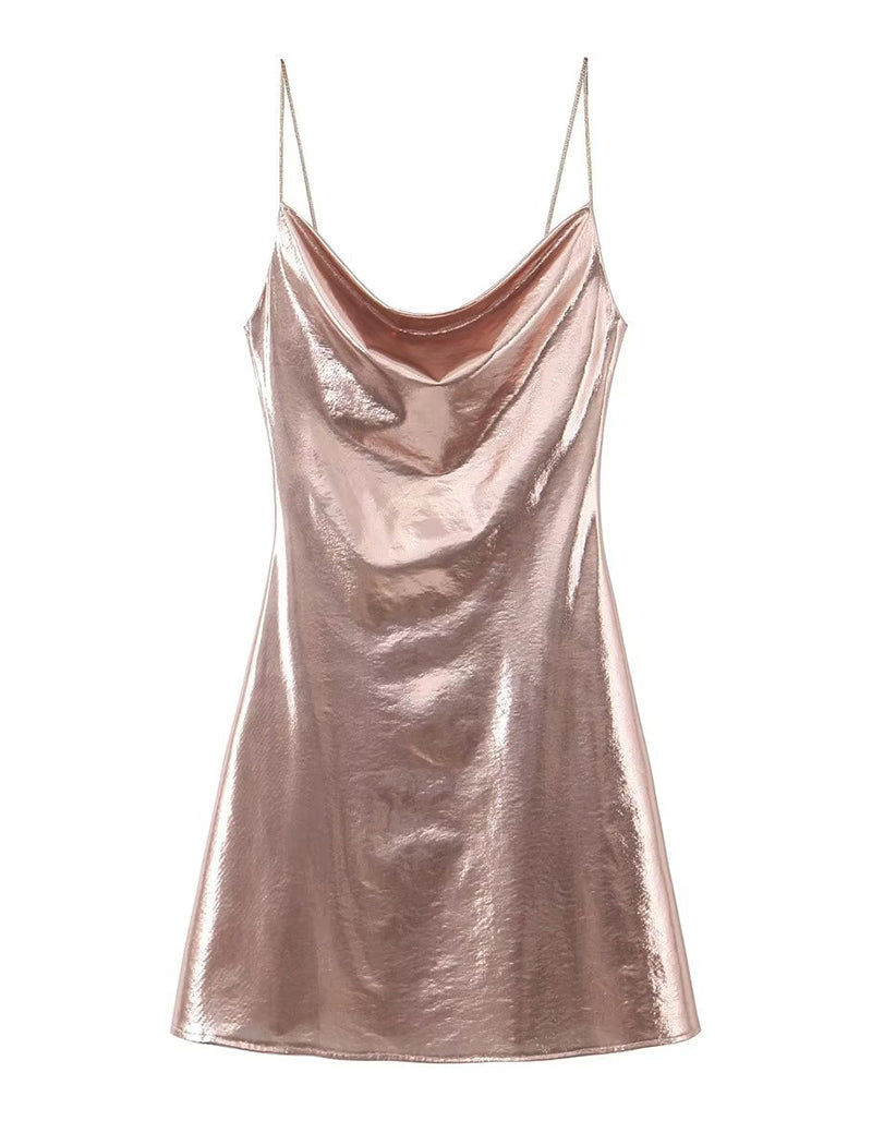 Shiny Cowl Neck Mini Dresses